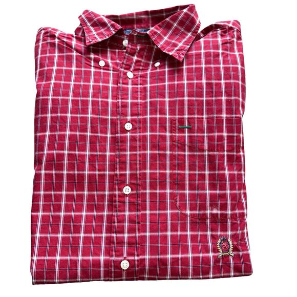 Tommy Hilfiger 90s Plaid Shirt Mens Large Red Long Sleeve Button Up Vintage - Picture 16 of 16